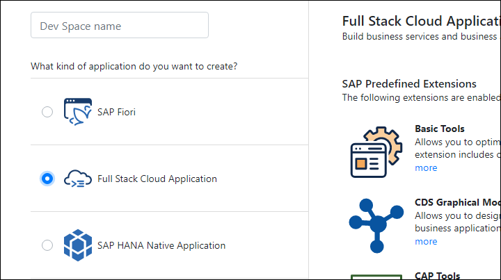 Business Application Studio Full Stack Cloud Application 메뉴 선택