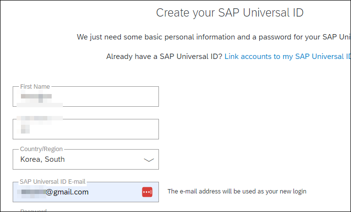 SAP COM에서 Create your SAP Universal ID에서의 등록